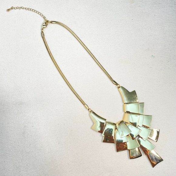 Bib Necklace Gold Tone Brutalist Tiered Plates - Picture 2 of 8